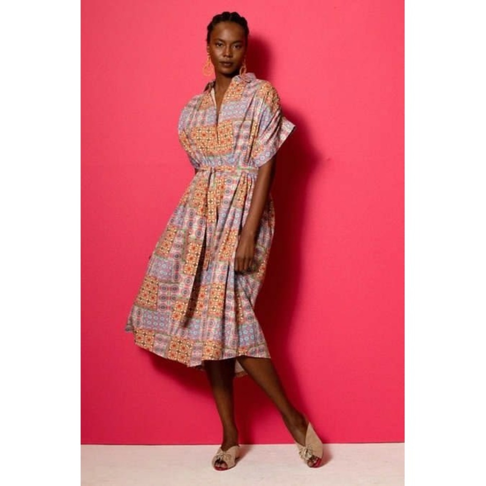 Carolina K Valerie Kaftan Dress L Mix Tiles Rose Midi Organic Cotton NWT $375